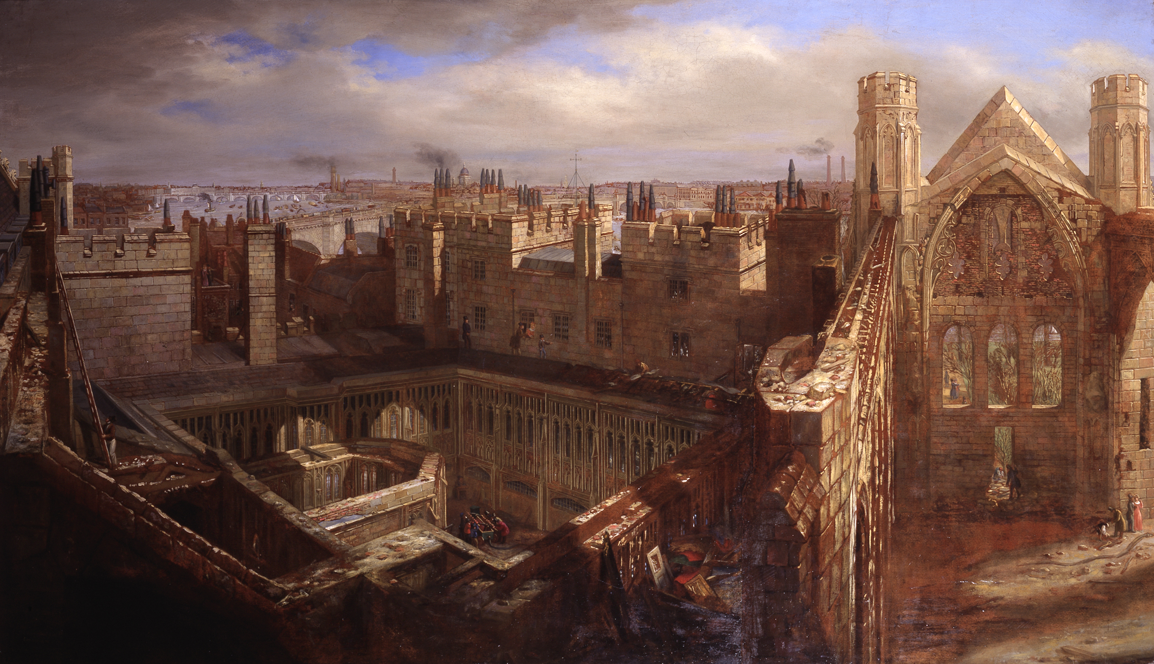 Panorama of the Ruins of the Old Palace of Westminster, 1834, Painting, by George Scharf © Parliamentary Art Collection WOA 3793