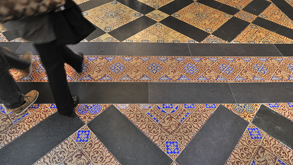 Encaustic tiles designed by Augustus Pugin are seen throughout the Palace of Westminster. 