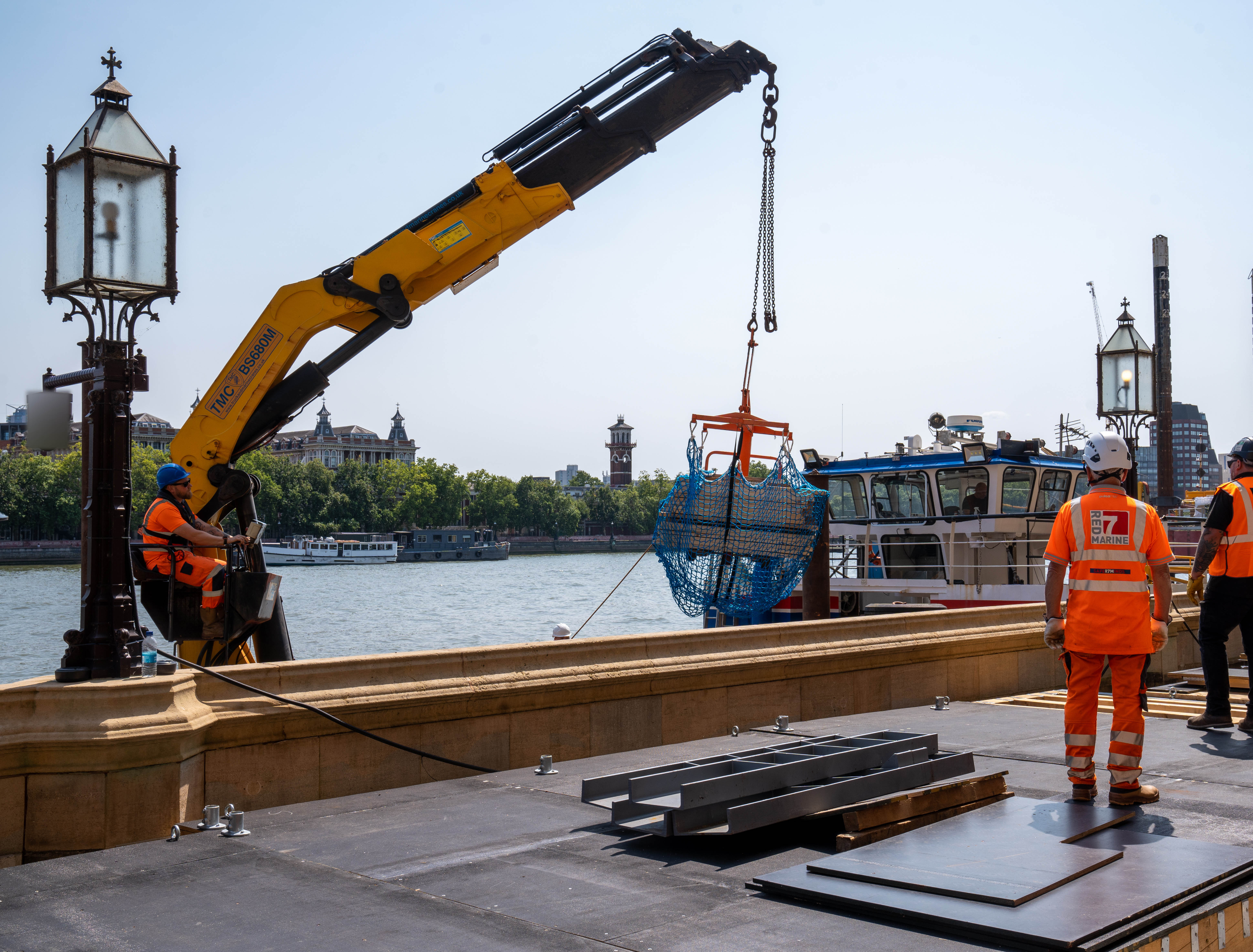 Heavy drilling equipment is delivered by barge to the Palace of Westminster’s River Terrace – the first-time river access has been used to support on-site investigations for the Restoration and Renewal Programme