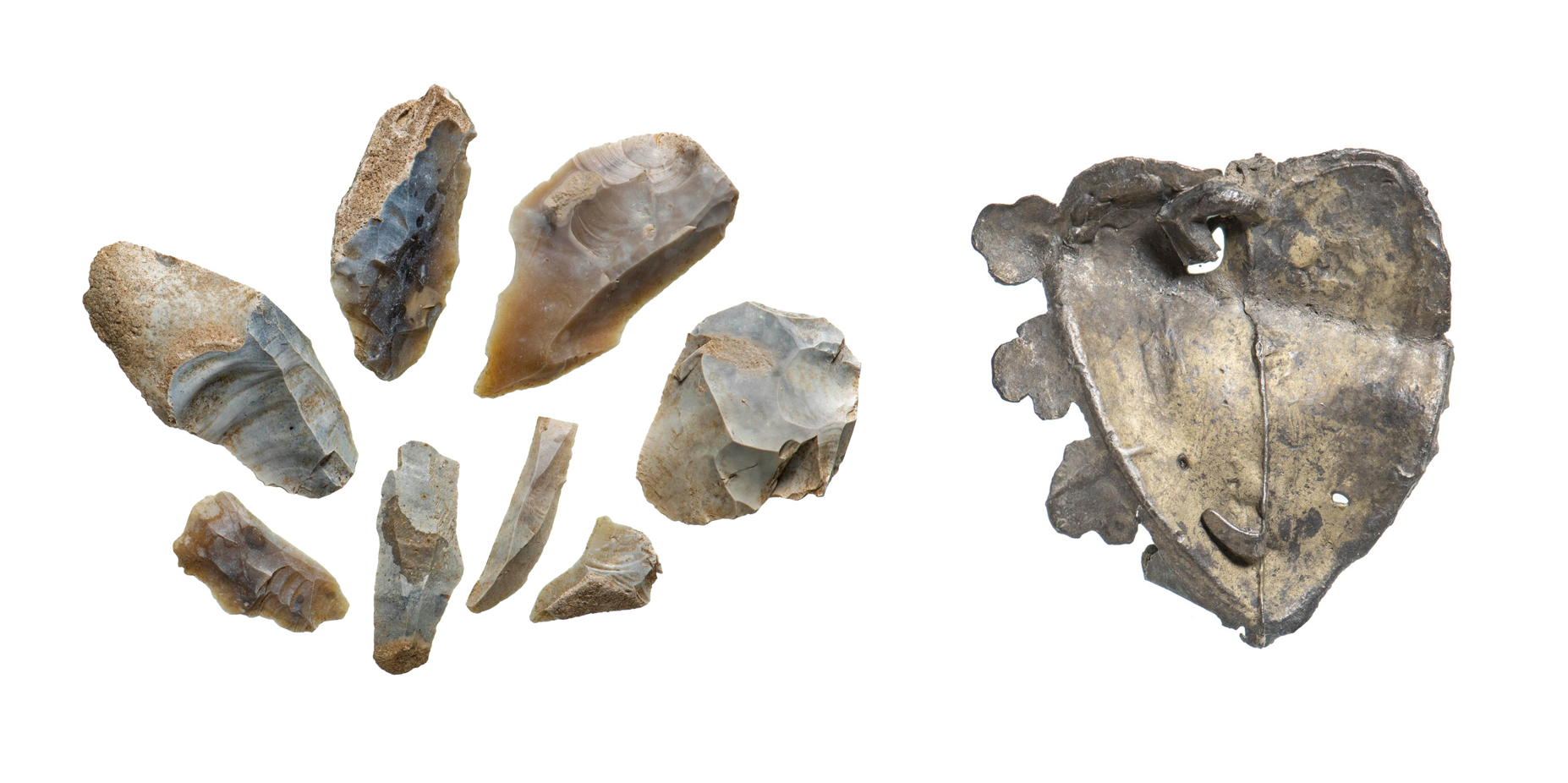 Evidence of prehistoric flint tool-making dating to approximately 4300 BC, and an ornate lead badge in the shape of a flowering heart, a popular 14-15th century romantic symbol, appearing on wedding rings and seals.
