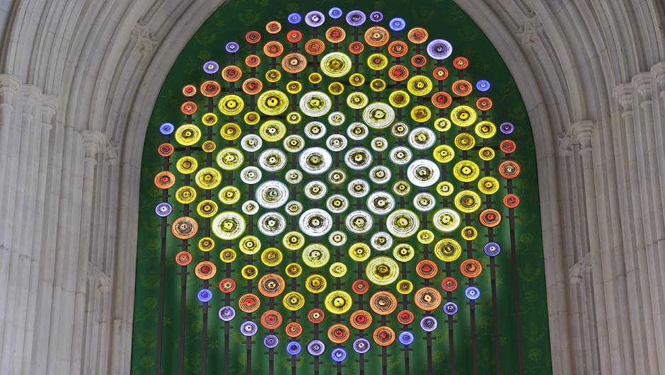 New Dawn, at the entrance to St Stephen’s Hall, is a light sculpture commemorating the campaign for women’s right to vote.